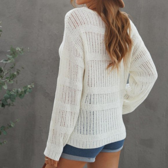 Long Sleeve V-Neck Open Knit Pullover Sweater off-white - Picture 6 of 12